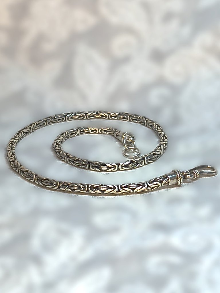 14" 3.5mm Heavy Silver Ornate Round Byzantine Link Neck Chain With Braided Hook
